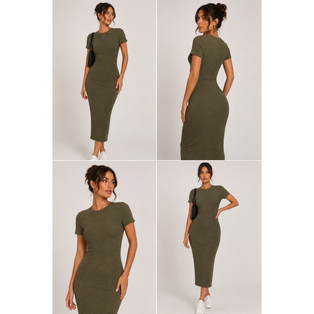 Olive Green Textured Geometric Ribbed Bodycon Midi Dress Stretch Casual ASOS 4